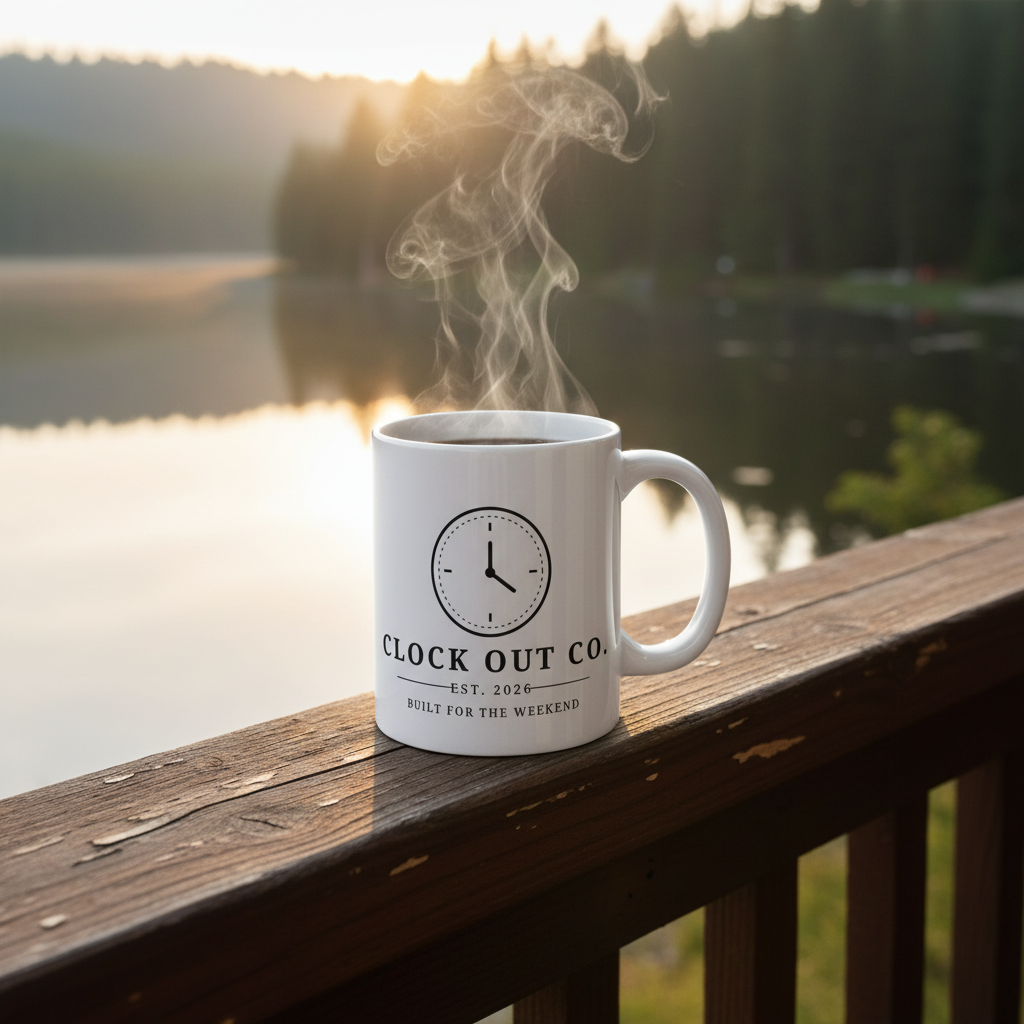 Muggin' 11oz ceramic mug with steaming coffee on a wooden cabin porch railing at sunrise