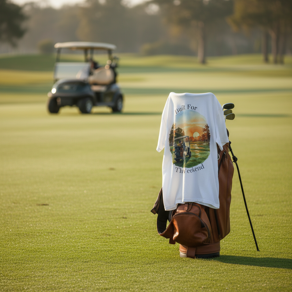 Golfin' tee draped over a golf bag on a green fairway in early morning light