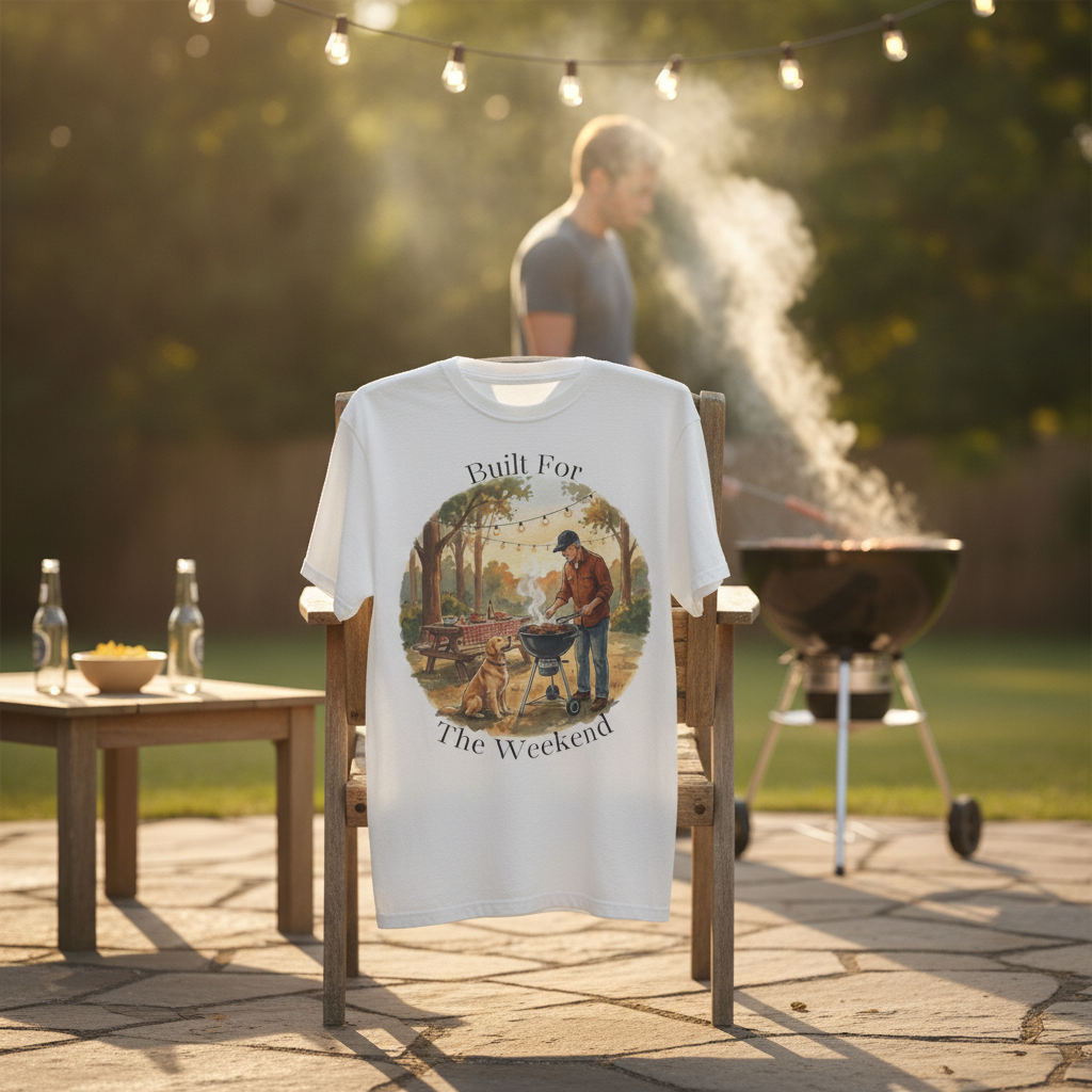 Grillin' tee hanging on a patio chair at a backyard barbecue with grill smoke and string lights