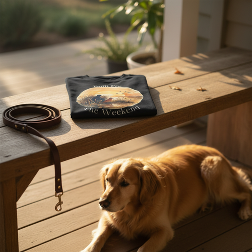 Doggin' tee folded on a porch bench next to a dog leash with a golden retriever resting nearby