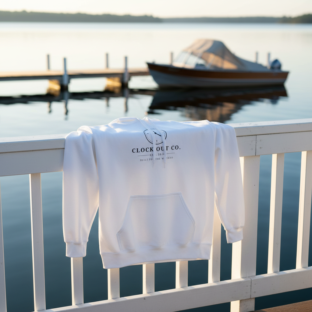 Boatin' hoodie draped over a white dock railing by calm blue water in soft morning light